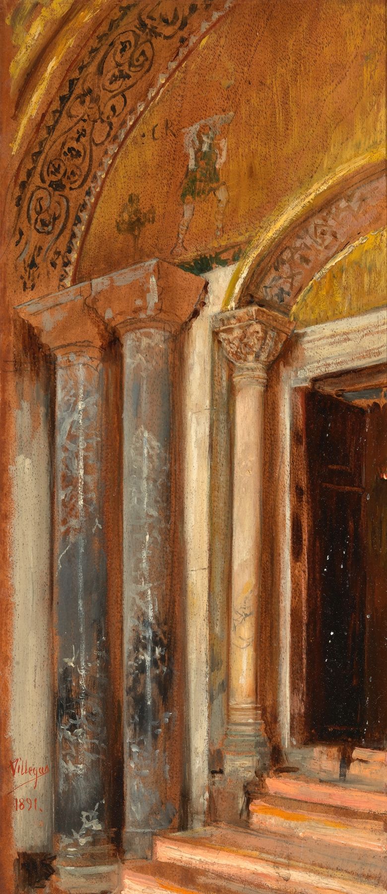 Puerta de José Villegas Cordero, pintura al óleo que representa una entrada intrincada en Venecia.