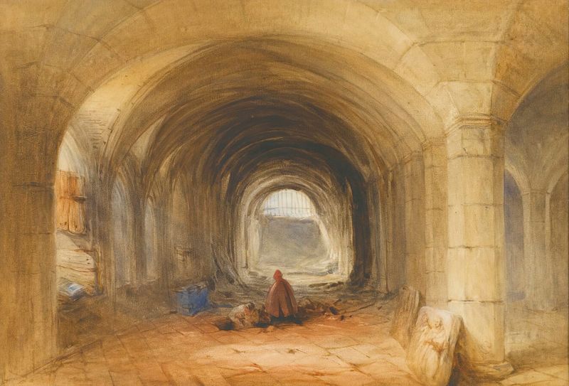 Figures In A Vaulted Passage de William Evans of Bristol, pintura a óleo que retrata figuras em um corredor arquitetônico.