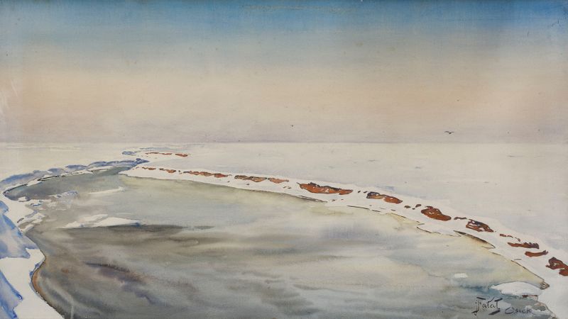 Winter landscape by Julian Falat, oil on canvas, depicting a serene snowy horizon.