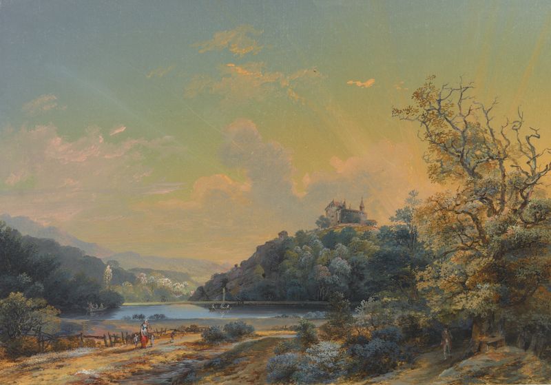 Oil painting by Johann Baptist Stuntz depicting hills and trees under a twilight sky.
