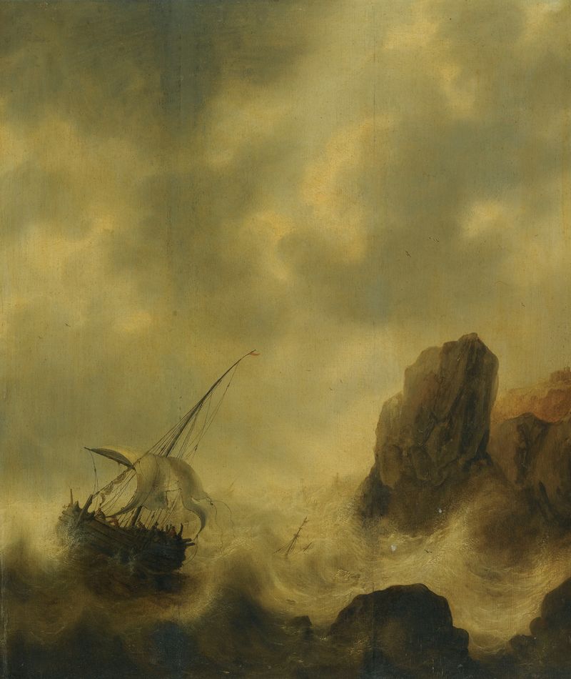 Un barco naufragando en una costa rocosa, pintura al óleo de Jacob Adriaensz. Bellevois
