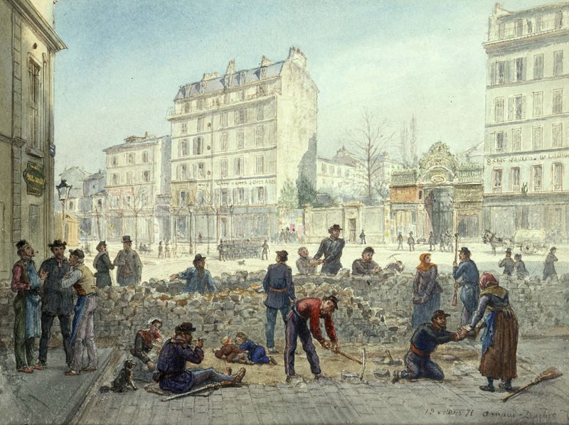 Cena histórica de uma barricada durante a Comuna de Paris de Jean-Baptiste-François Arnaud-Durbec, óleo