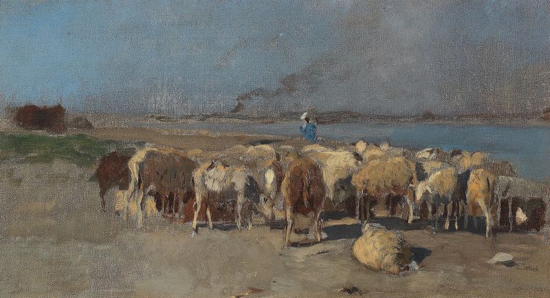 Realism landscape by Eugen Jettel depicting sheep in a pasture at dusk