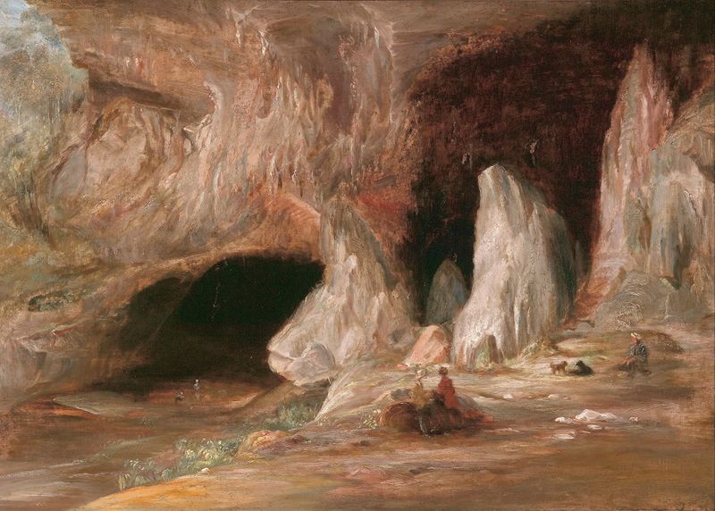 Stalagmite columns in a cavern, watercolor on paper by Conrad Martens