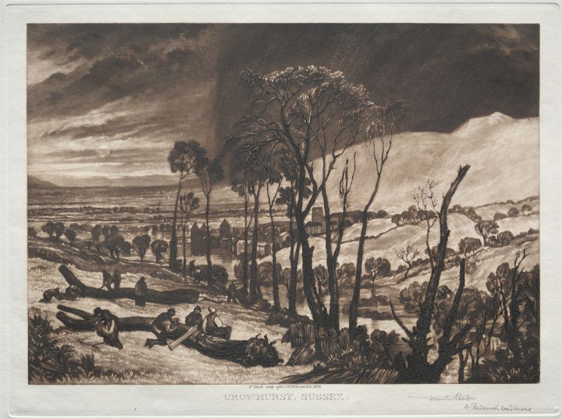 Crowhurst, Sussex de Sir Frank Short, paisagem impressionista com árvores e luz