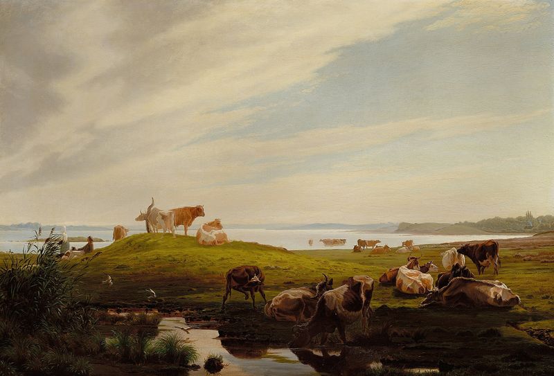 Paisaje con vacas pastando junto a un fiordo, pintura al óleo de Adolf Mackeprang