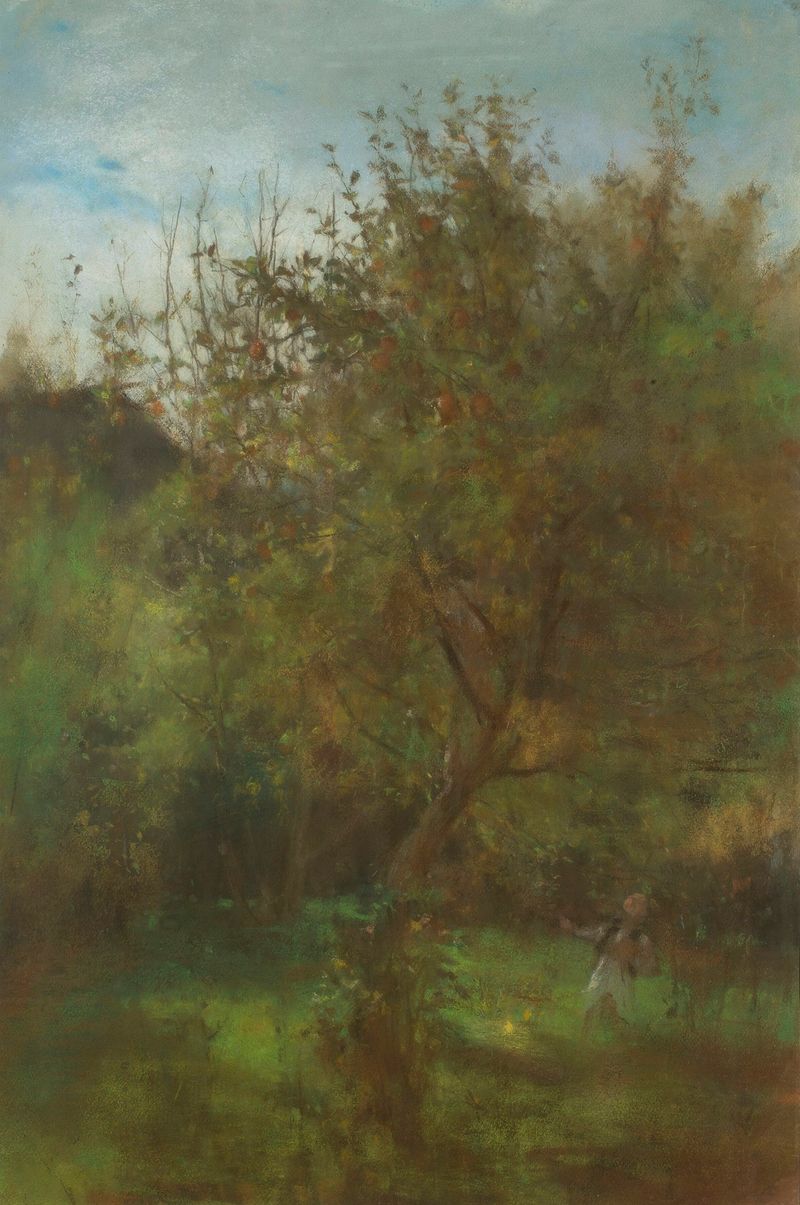 Figurative scene of a boy under an apple tree, oil painting by Witold Pruszkowski