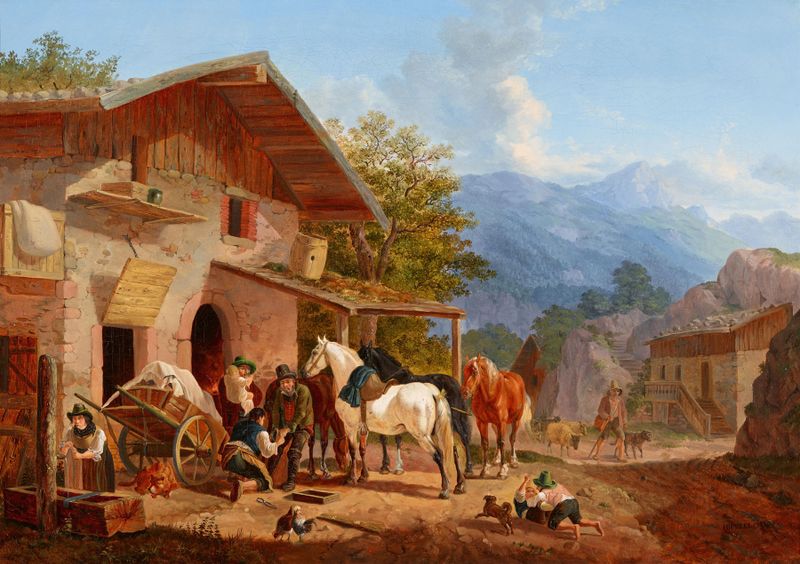Escena de género de un herrero en un pueblo de montaña, pintura al óleo de Heinrich Bürkel