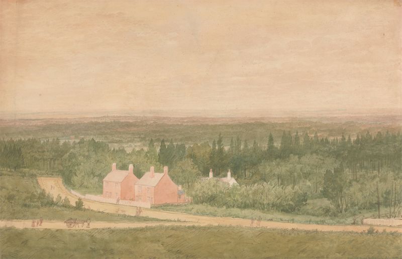 Landscape with Cottages, Broadmoor de Richard Dadd, pintura al óleo victoriana que muestra cabañas en un entorno natural s...