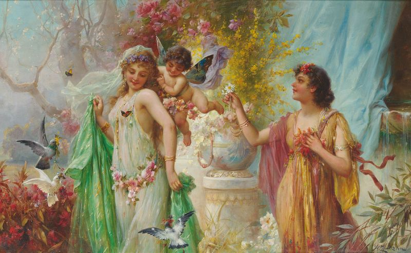 Pintura figurativa de Hans Zatzka com uma figura sob flores.
