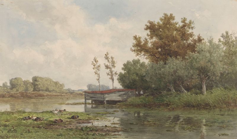 Landschap met water en eenden by Willem Roelofs, oil on canvas depicting ducks on water and lush reeds.