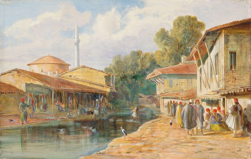Aquarela de Edward Lear representando Parga, Grécia, com uma baía tranquila e colinas distantes.