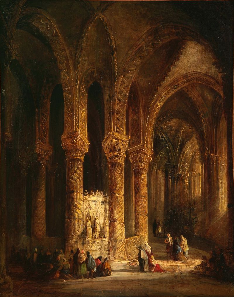 Cripta by Genaro Pérez Villaamil, depicting an architectural interior in oil painting with light and shadows.