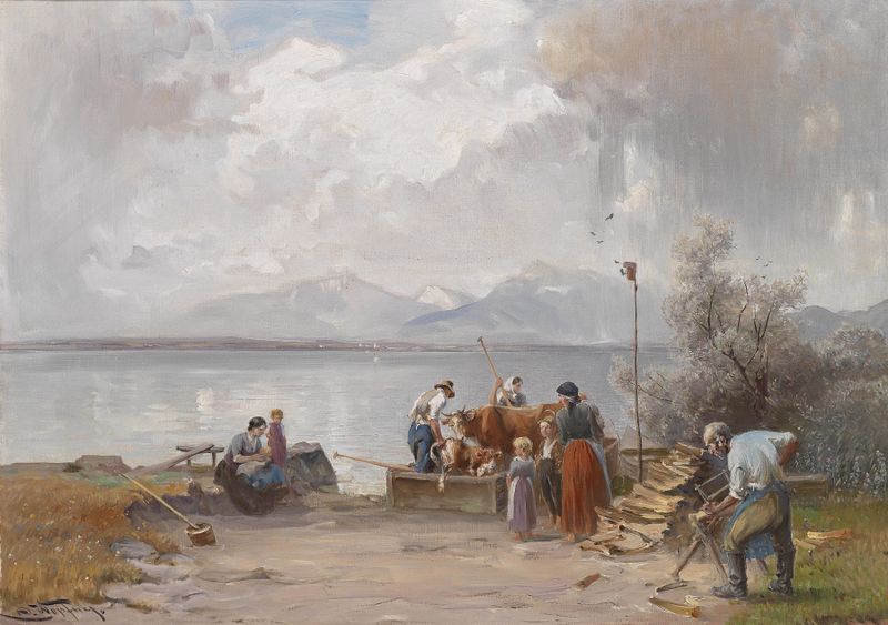 Überfuhr der Tiere de Joseph Wopfner, óleo que muestra animales coloridos en movimiento alegre.