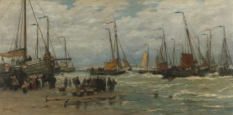 Fishing Pinks in Breaking Waves, oil on canvas by Hendrik Willem Mesdag, depicting fishermen and boats on the beach.