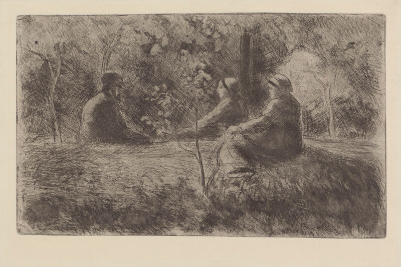 Repos du dimanche dans le bois de Camille Pissarro, óleo sobre tela que retrata casais em uma floresta tranquila.