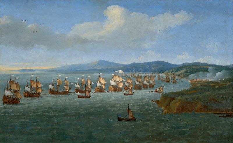 Historical scene of Battle of Tobago, 1677 by Jan Karel Donatus van Beecq, oil painting