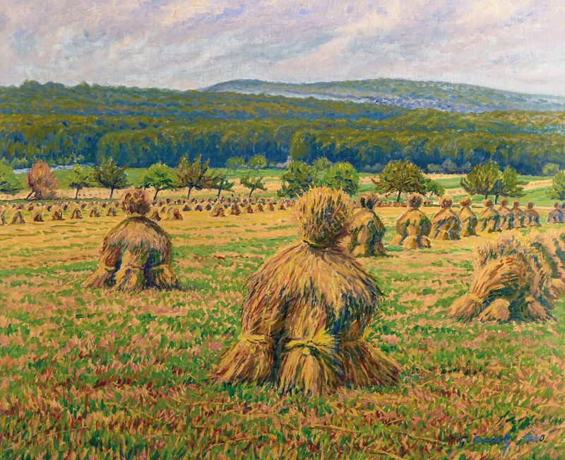 Paisagem com fardos dourados, óleo sobre tela de Gustave Cariot