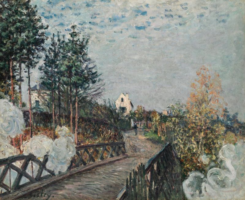 Le pont du chemin de fer de Alfred Sisley, óleo sobre lienzo, mostrando un puente ferroviario sobre agua