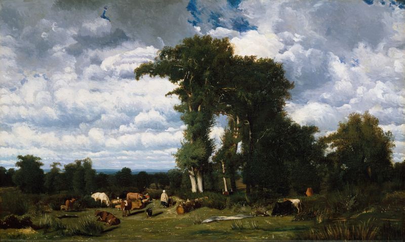 Landscape with Cattle at Limousin de Jules Dupré, pintura al óleo que muestra ganado al atardecer.