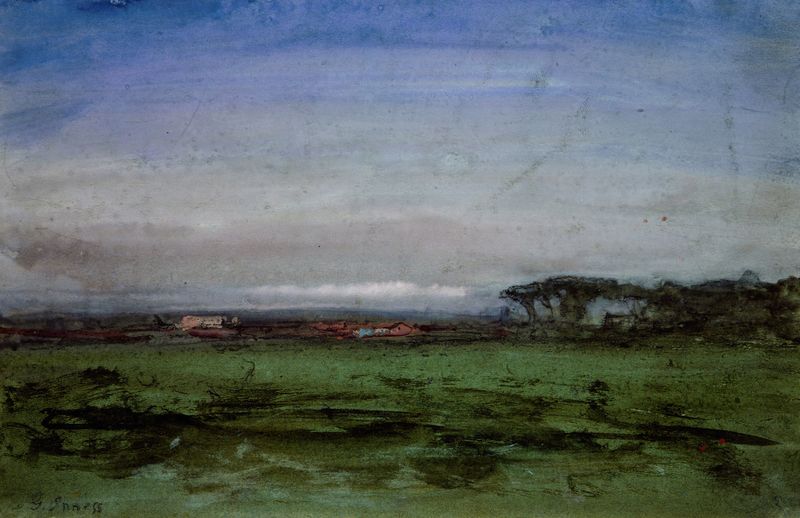 Oil painting by George Inness depicting a golden field under a vast sky.