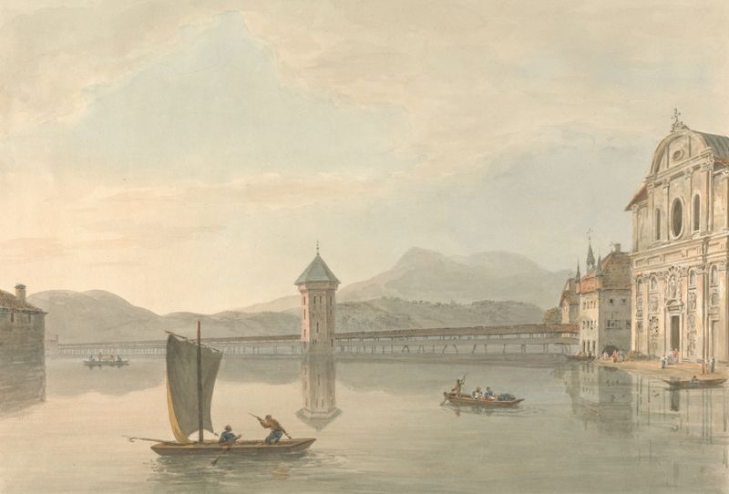 Vista en Lucerna; El Colegio de los Jesuitas, óleo sobre lienzo de Samuel Davis, que representa un paisaje sereno con coli...