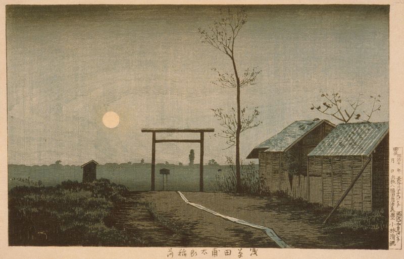 El Santuario Tarō Inari en los campos de arroz de Asakusa, grabado en madera de Kobayashi Kiyochika