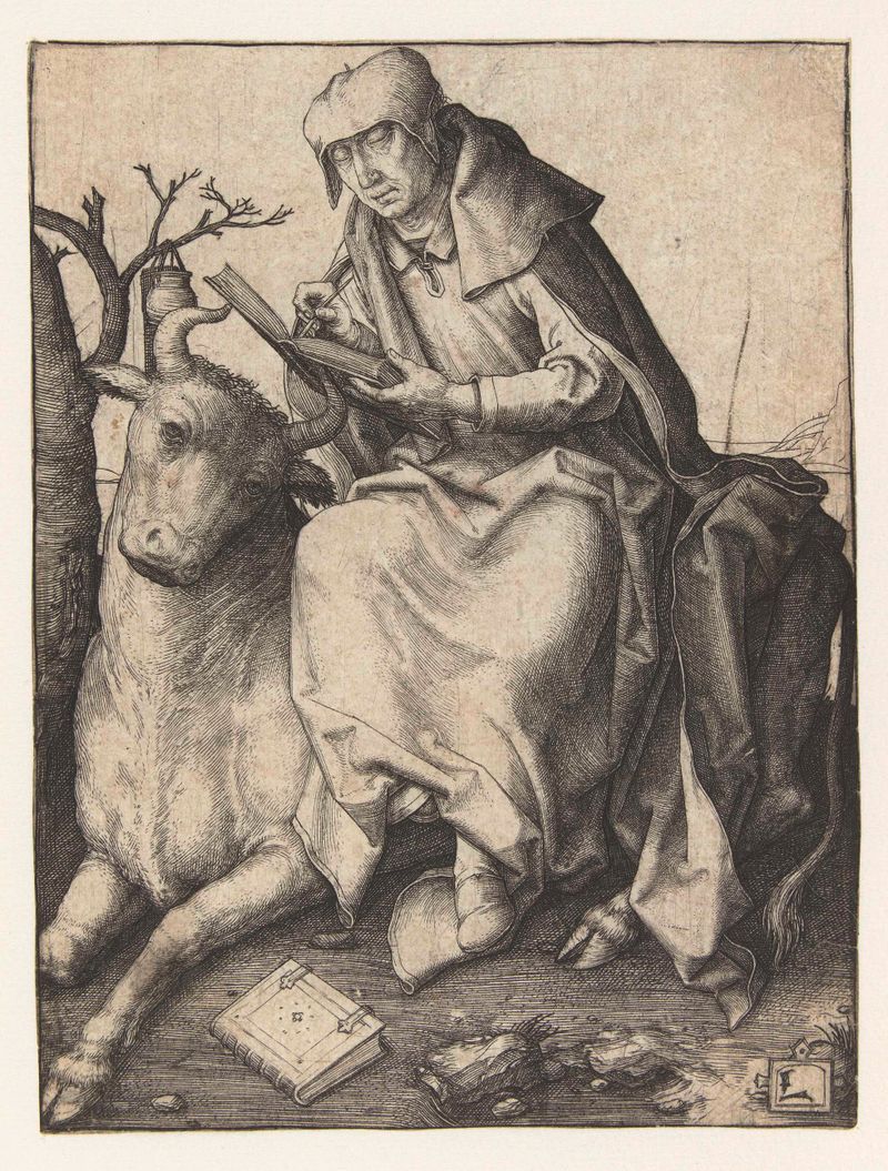 Gravura de São Lucas Evangelista por Lucas van Leyden, mostrando Lucas escrevendo com um touro.