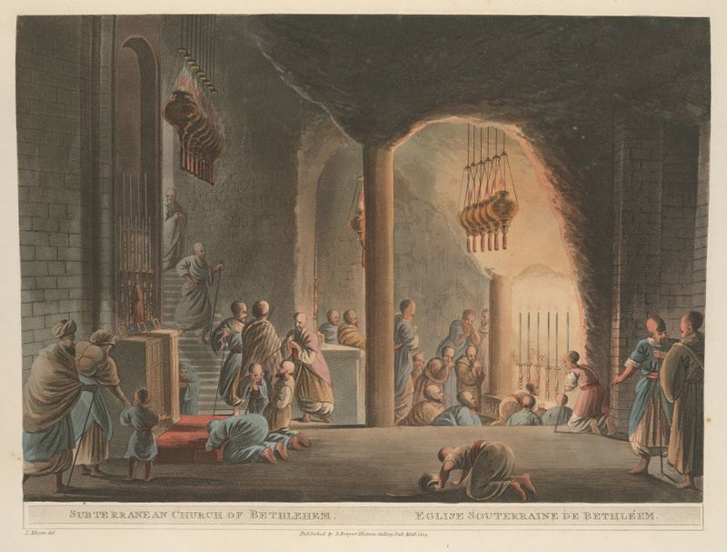 Subterranean Church at Bethlehem de Luigi Mayer, pintura al óleo que muestra un interior con sombras y techos arqueados.