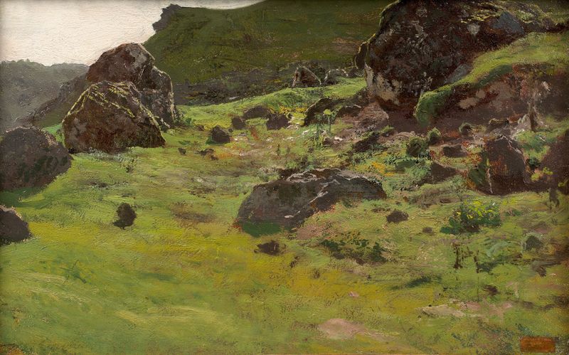 Landscape oil painting by Auguste Bonheur featuring rocks and sunlight