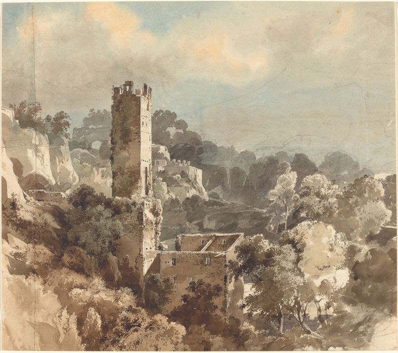 Ruins of a fortified tower among wooded hills, oil painting by Friedrich Salathé