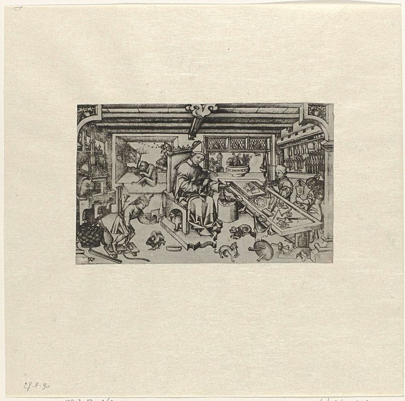 Heilige Eligius in zijn werkplaats grabado de Meester van de Bileam, representando a un santo moldeando metal en un taller.