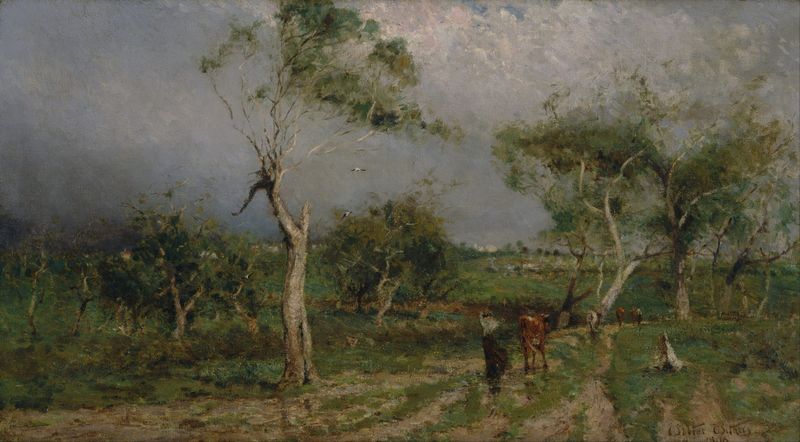 The Storm by Walter Withers, oil painting depicting swirling clouds and a dramatic horizon.