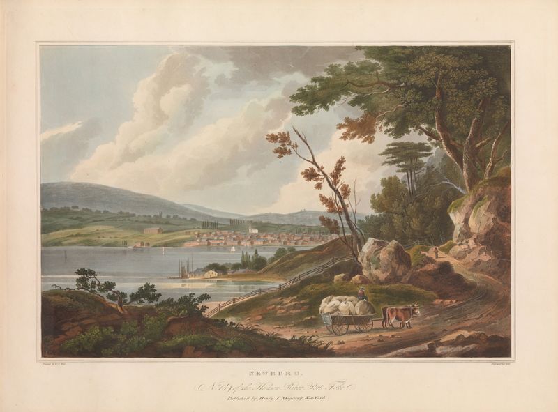 Landscape engraving by John Hill depicting sunlight over hills and water.