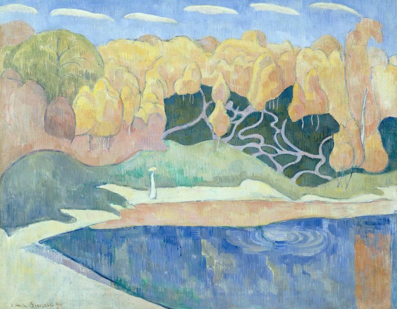 Mulher caminhando à beira do rio em uma pintura a óleo de Emile Bernard
