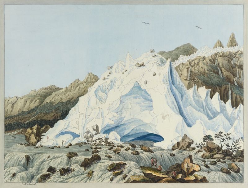 Vue de la Source de L’Arveron de Carl Ludwig Hackert, óleo sobre tela que retrata uma paisagem serena com água.