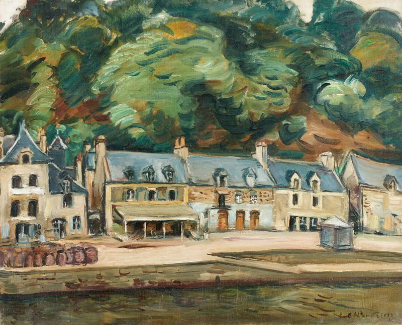 Maisons au bord de la rivière by Emile Othon Friesz, oil painting depicting a riverside village