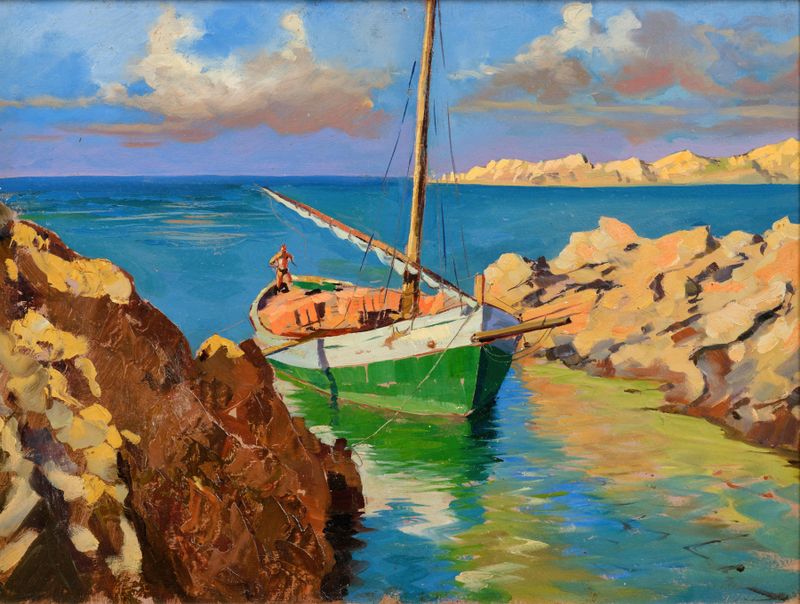 El regreso del barco pesquero de Llewelyn Lloyd, óleo sobre lienzo, muestra un barco pesquero al atardecer.
