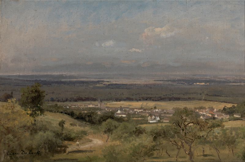 Landscape near Gasny de César De Cock, óleo sobre tela que retrata colinas suaves e cores suaves.