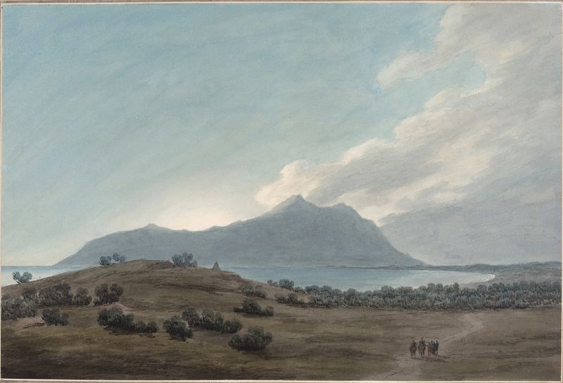Landscape of Monte Circeo at sunset, oil painting by John Robert Cozens