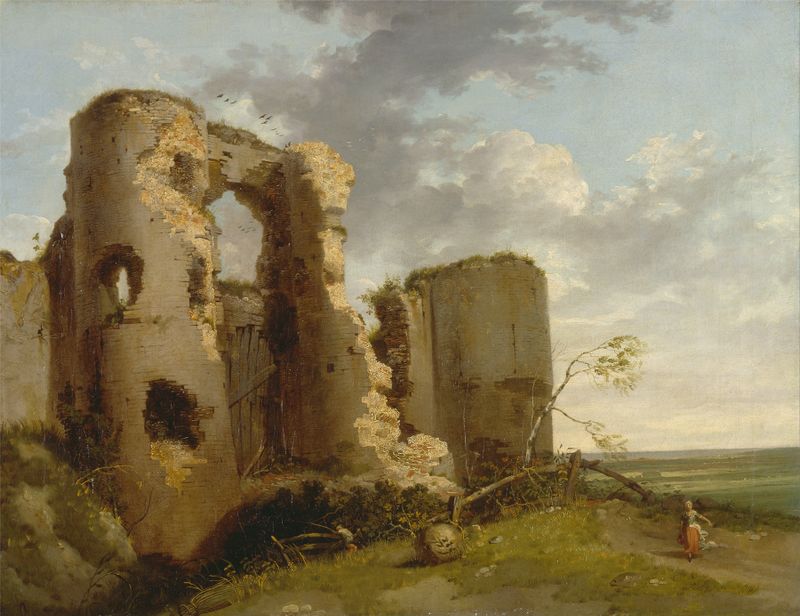 West Gate of Pevensey Castle by John Hamilton Mortimer, oil painting depicting a stone archway.