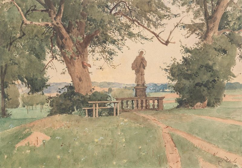 Landschaft mit Nepomuk-Statue by Eduard Zetsche, oil on canvas depicting a statue in a landscape.
