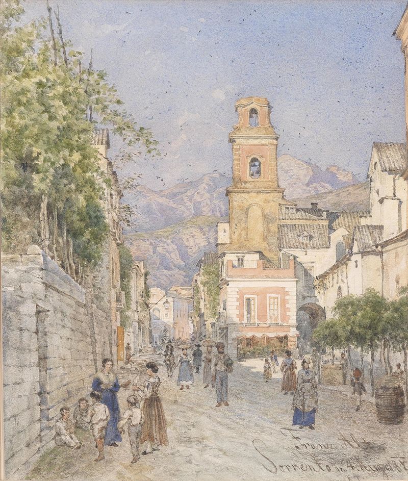 Paisaje de Franz Alt, pintura al óleo que representa colinas y un cielo apagado