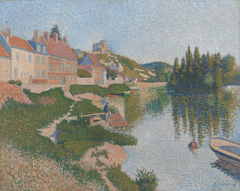 Les Andelys de Paul Signac, óleo sobre tela representando o Sena e colinas vibrantes.