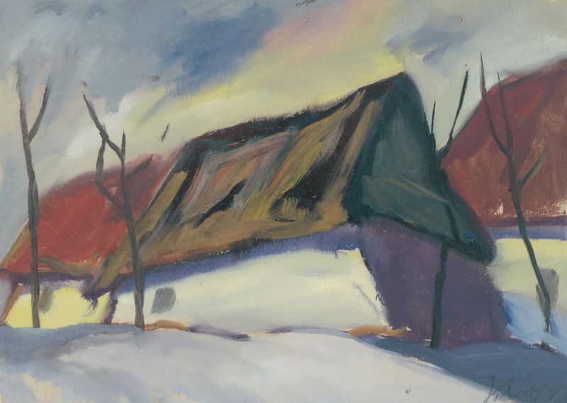 Village Motif de Zolo Palugyay, pintura al óleo de campos rurales vibrantes y naturaleza.