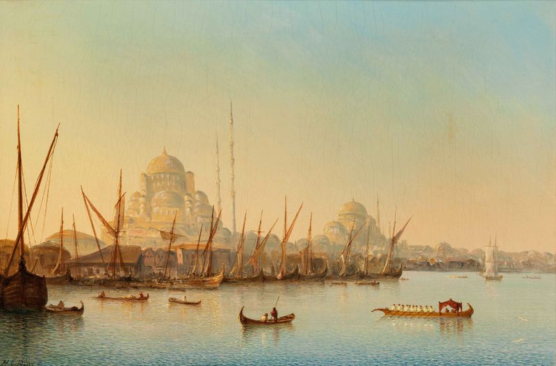 Hafen von Konstantinopel de Henriette Gudin, pintura a óleo que retrata um porto tranquilo ao anoitecer