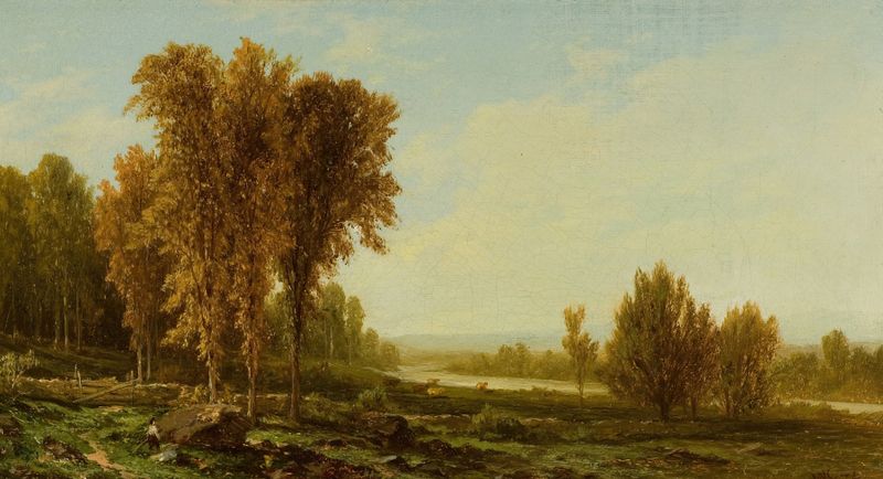 Going for the Herd de John William Casilear, óleo sobre lienzo que muestra una figura caminando hacia el ganado.