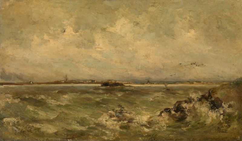 Seascape by Louis Artan, oil on canvas showing turbulent waves crashing on a rocky shoreline.