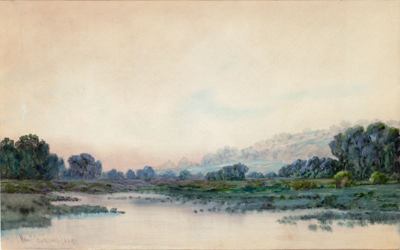 Smoke from the City de Robert Burns Wilson, óleo sobre lienzo que representa un paisaje urbano con neblina etérea.