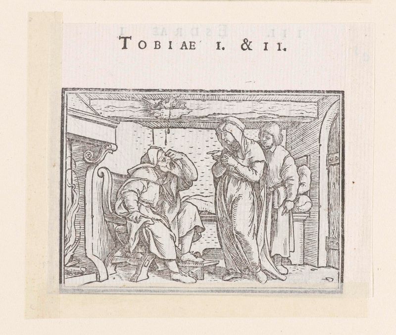 Tobit en desesperación, ciego, sentado, obra en papel de Hans Holbein